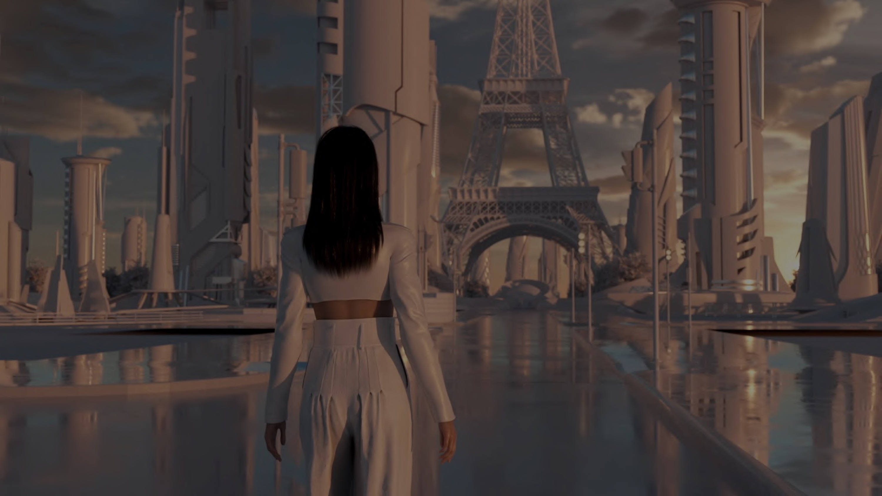 A figure walking through a VLGE-rendered future Paris