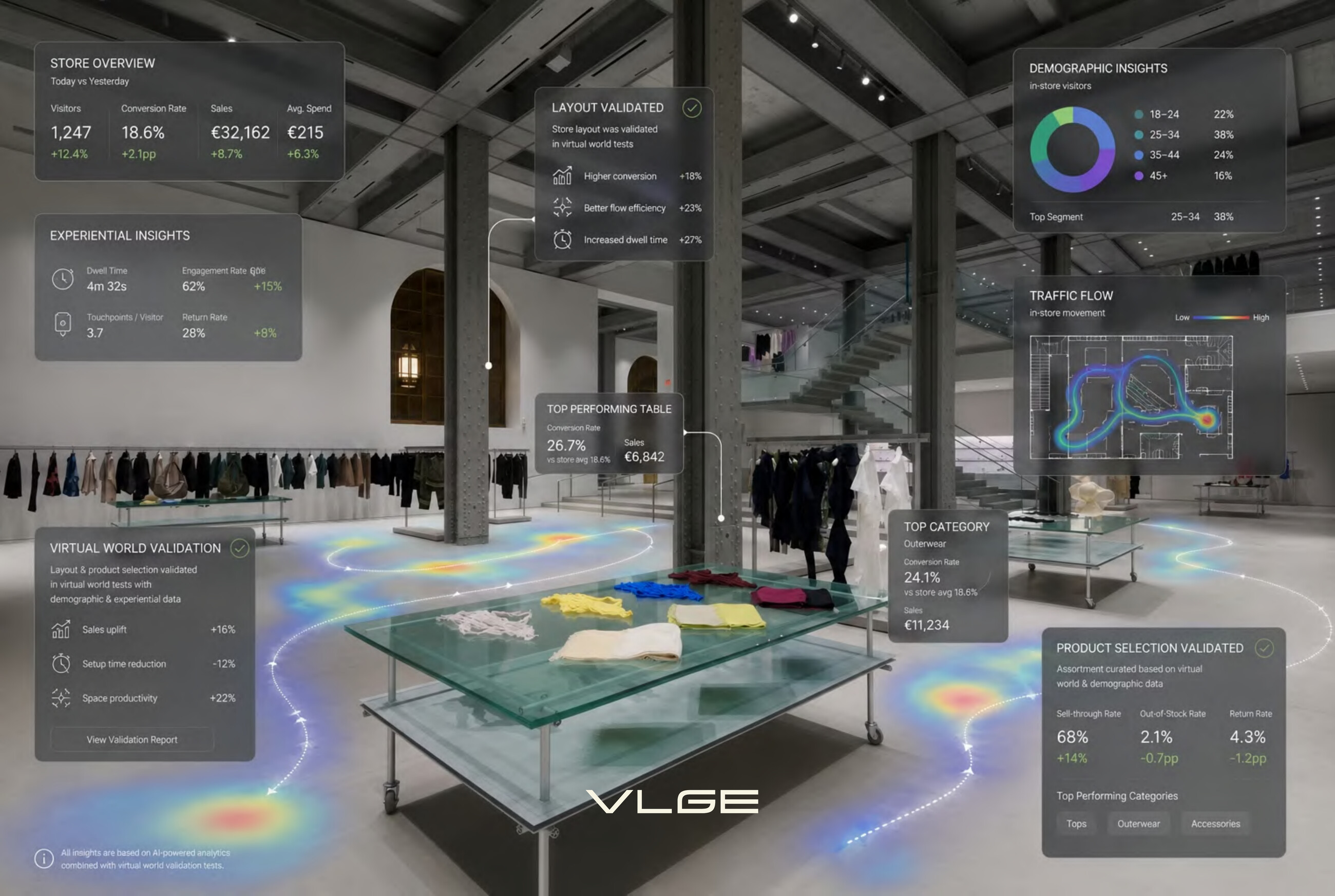 A VLGE store world with the behavioral layer overlaid — shopper heatmaps, dwell time, traffic flow and validated layout insights.